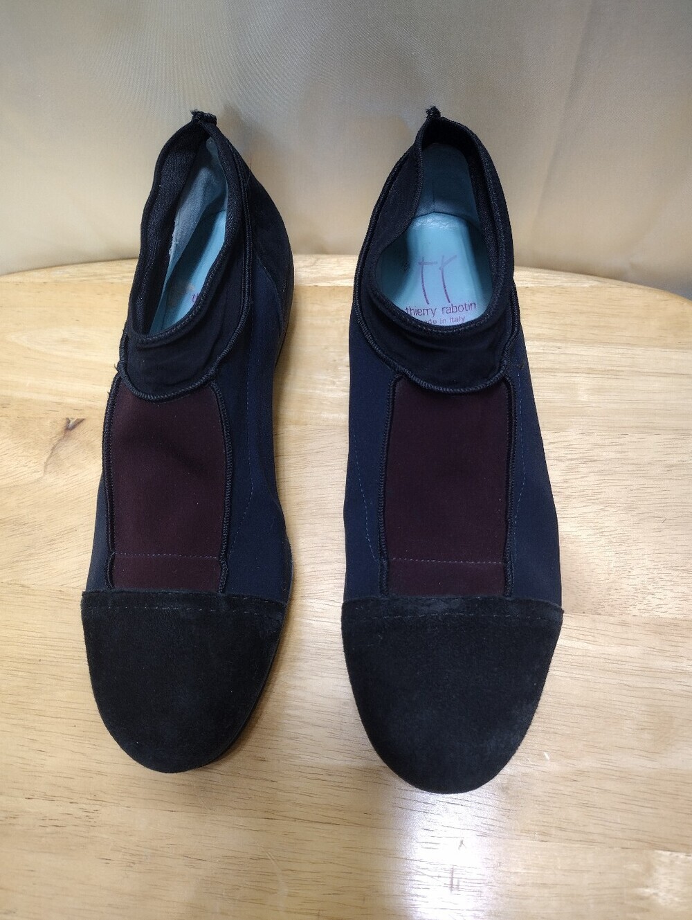 THIERRY RABOTIN Colorblock BLACK Burgundy Navy SUEDE WEDGE BOOTIES HEELS 7.5 38